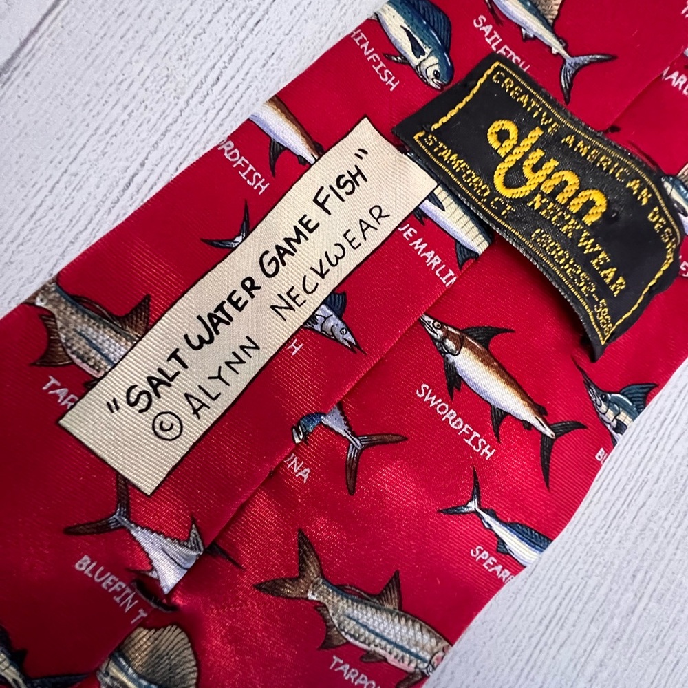 ALYNN NECKWEAR (2) 100% Silk Red NeckTies Fishing Tie Saltwater 3.5x60 VTG USA - Picture 6 of 16